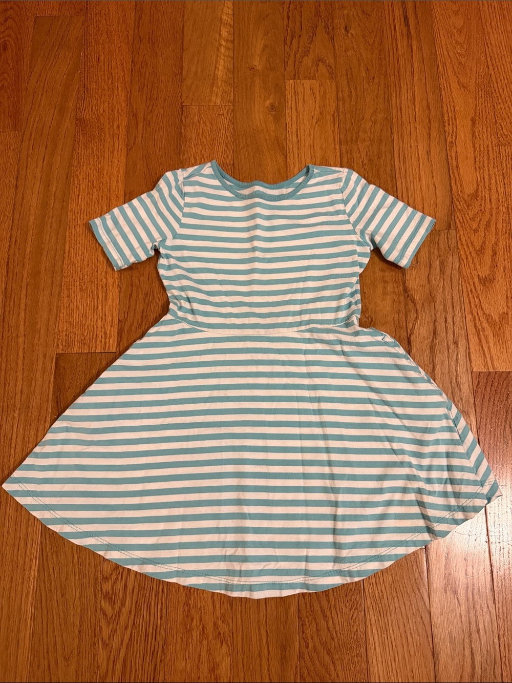 Primary Kids Light Blue and White Striped Short Sleeve Dress with Pocketa